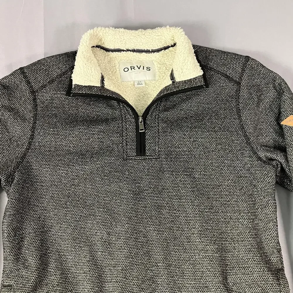 Orvis Sweater Mens Medium Gray Quarter Zip‎ Sherpa Lined Fleece Pockets Knit